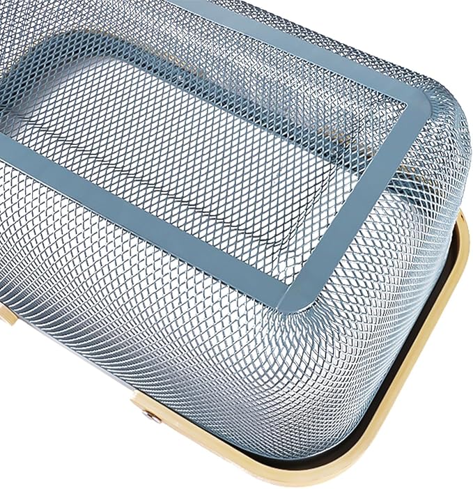 Portable Mesh Harvest Basket - Natural Bamboo Handle Foldable Organizer for Kitchen, Garden & Picnic | Ventilated Storage Bin with Rust-Proof Wire, Space-Saving Farmhouse Decor (Blue)