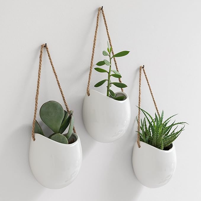 Wall Planters -Ellie- | Hanging Ceramic Plant Pots 3 Pieces | Wall Decoration for Indoors, Balcony and Garden | White (Glossy)