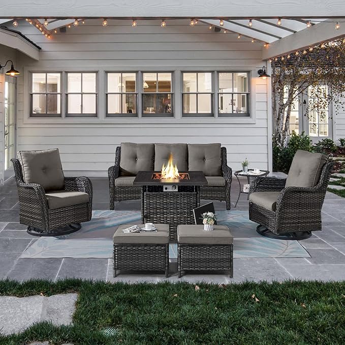 Outdoor Patio Furniture Set with Propane Fire Pit Table, 7 Pieces Wicker Patio Conversation Set with 2 Swivel Glider Rocker Chair Rattan Sofa Grey Cushion Perfect for Casual Gathering