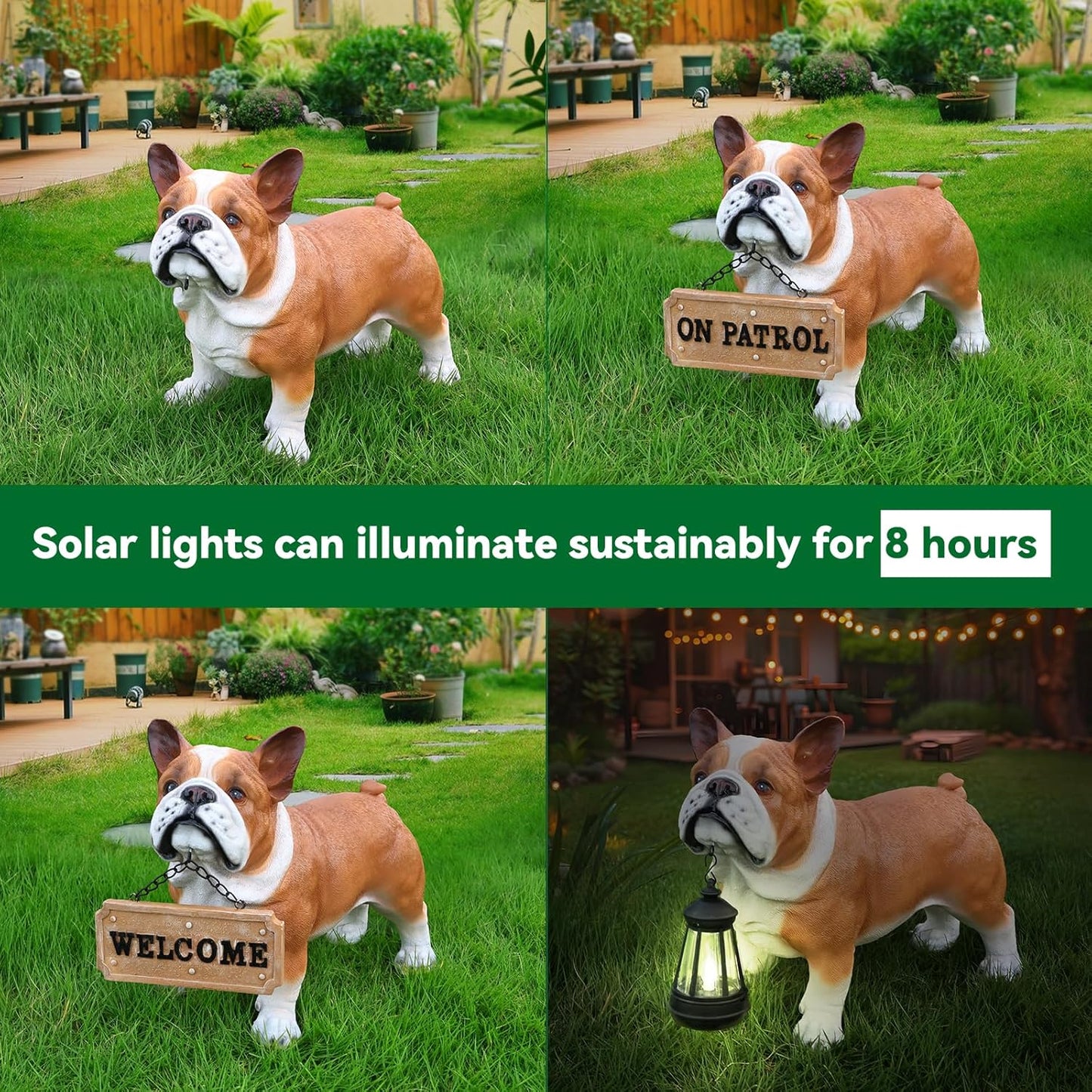Bulldog Solar Welcome Statue, Hand-Painted Resin Standing Dog Figurine with Lantern and Dual Wooden-Style Signs, Loyal Guardian Sculpture for Garden and Porch Décor
