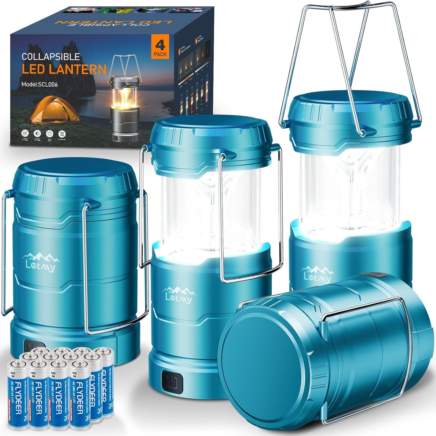LETMY LED Camping Lantern for Power Outages, 3 Color Modes & Dimmable Battery Powered Lantern, IPX4 Waterproof & Collapsible, Lanterns Flashlight Survival Kits for Emergency Hurricane Hiking, 4 Pack