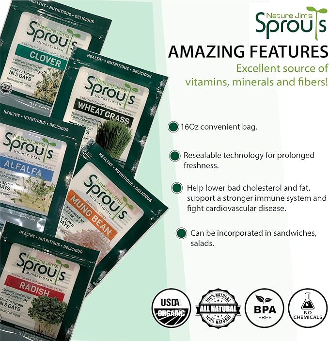 Nature Jims Sprout/Sprouting Seeds, Clover – Organic Non-GMO Premium Resealable Bag for Longer Freshness Rich in Vitamins, Minerals, Fiber, 16 oz
