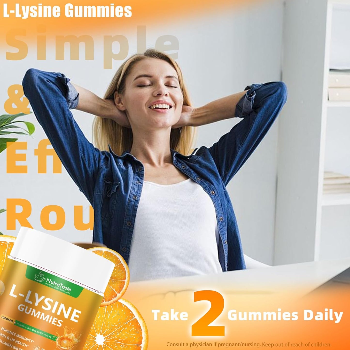 L-lysine Gummies 1000mg, Chewable Lysine Supplement with Vitamin C, D3, K2 & Zinc, Enhance Immunity, Lips & Skin Health, Collagen Growth, Sugar-Free, Gluten-Free, 60 Count (Pack of 2)