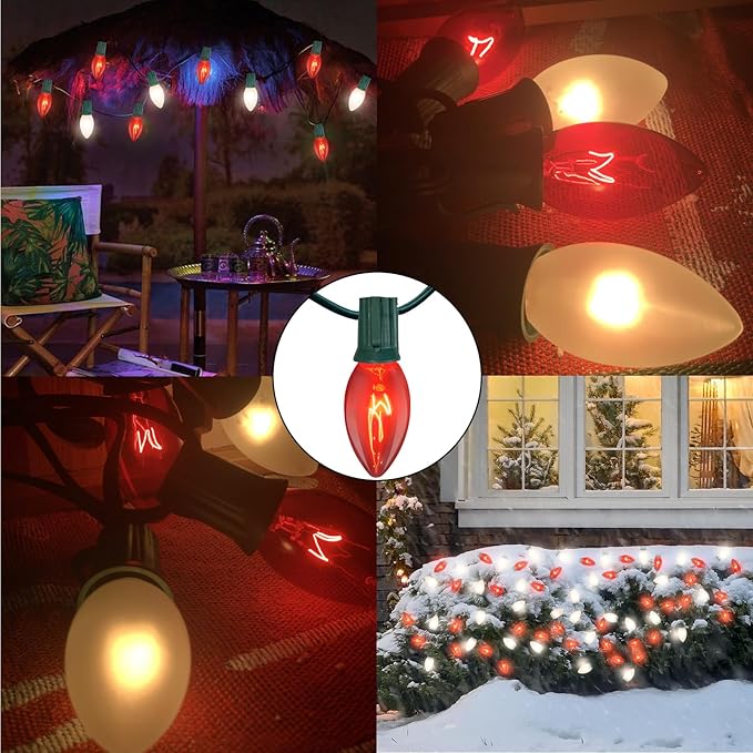 25ft C9 Red and White Christmas Lights,Waterproof C9 Christmas String Lights With 26 Red White bulbs,Commercial Christmas Lights Outdoor for Garden House Xmas Garland Christmas Tree Decorations