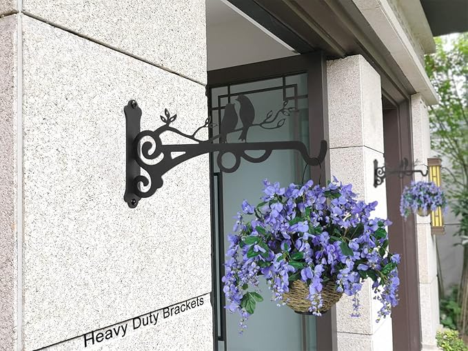 Multipurpose Hanging Basket Plant Brackets Outdoor Indoor, Heavy Duty Solid Steel Plant Hangers, Wall Mounted Lantern Hooks for Garden Plants Flower Light Bird Feeder, Pack of 2 Black