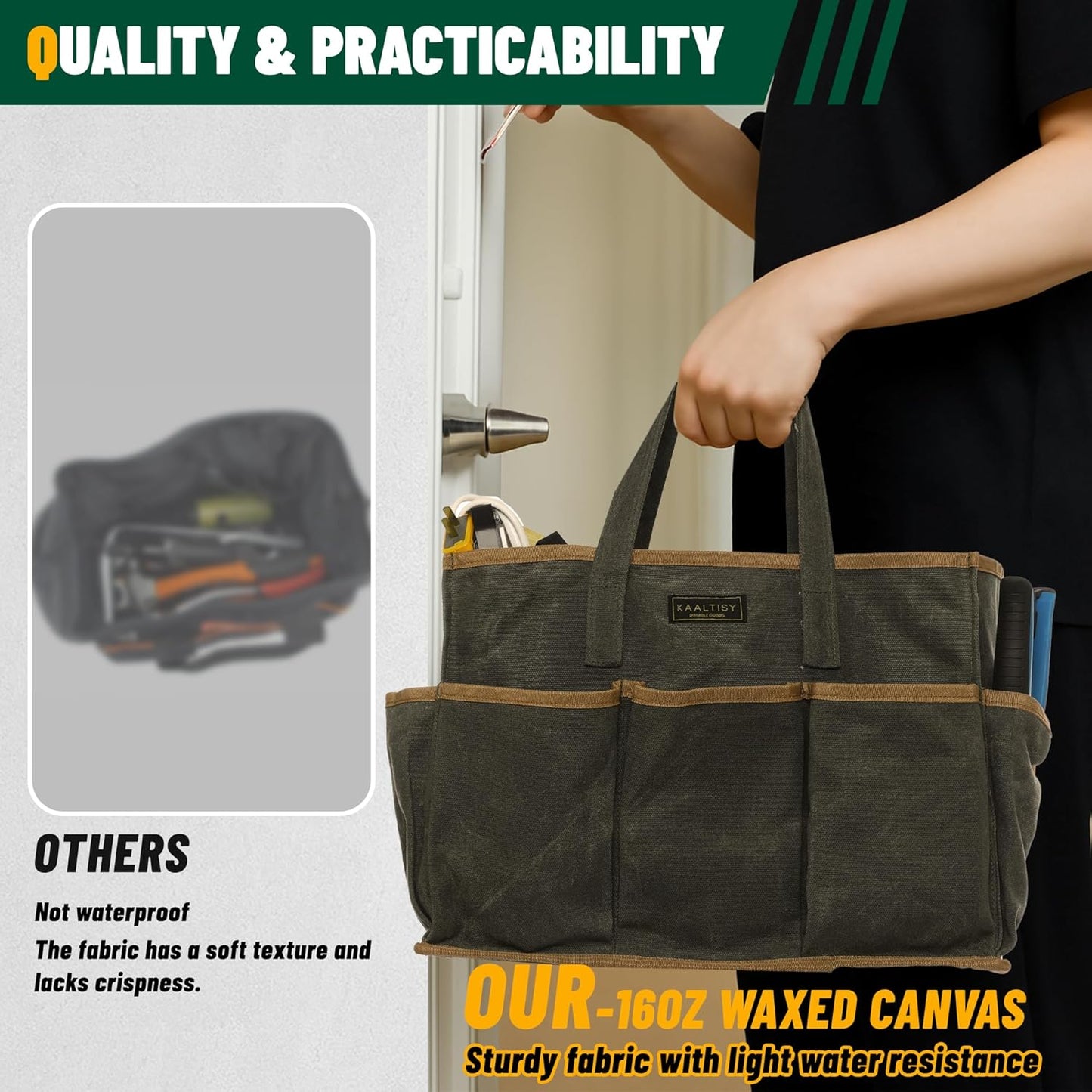 Tool Tote Bag, Heavy Duty 16oz Waxed Canvas Garden Tool Bag | Portable 11-Pocket Tool Storage Bag for Gardener Electrician Contractor Repairman (14"L x 5.5"W x 10.5"H) – Army Green