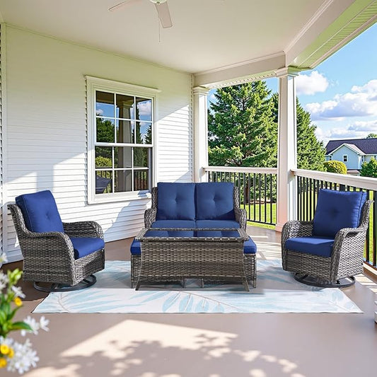 Wicker Outdoor Furniture Patio Furniture Set - 6 Piece Patio Conversation Set with Swivel Rocker Chairs, Loveseat Sofa, Ottomans and Coffee Table, Blue Cushion