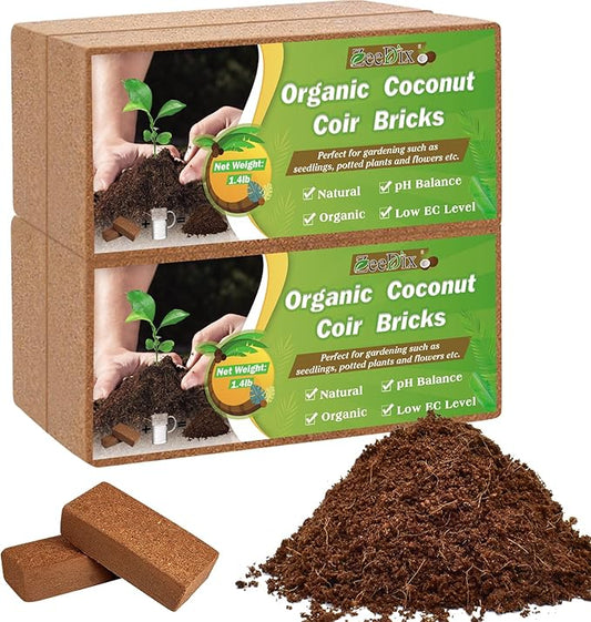 ZeeDix 4 Pcs Premium Coco Coir Brick- 100% Organic Compressed Coconut Coir Starting Mix, Coco Coir Fiber with Low EC and PH Balance for Gardening, Potting Soil, Herbs