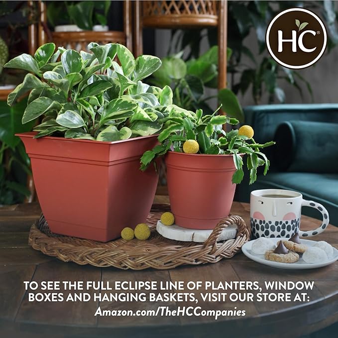 The HC Companies 10 Inch Eclipse Square Planter with Saucer - Indoor Outdoor Plant Pot for Flowers, Vegetables, and Herbs, Warm Gray
