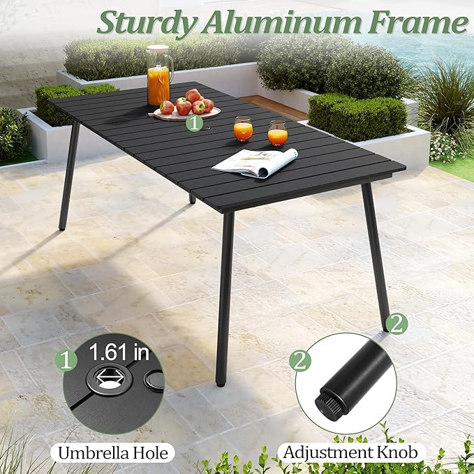 Outdoor Dining Table for 6, 70inch Patio Dining Table with Wooden-Like Top and Aluminum Frame, Rectangular Table with Umbrella Hole Outdoor Furniture, Only Table, Black