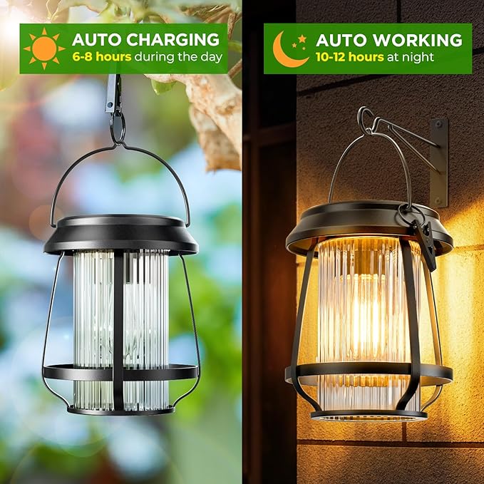 Solar Lanterns Outdoor Waterproof, Metal Hanging Solar Lights Outdoor with Hooks Wall Mount Kit, Solar Powered Lanterns for Garden Porch Patio Fence Decorative 4 Pack (Warm Light)