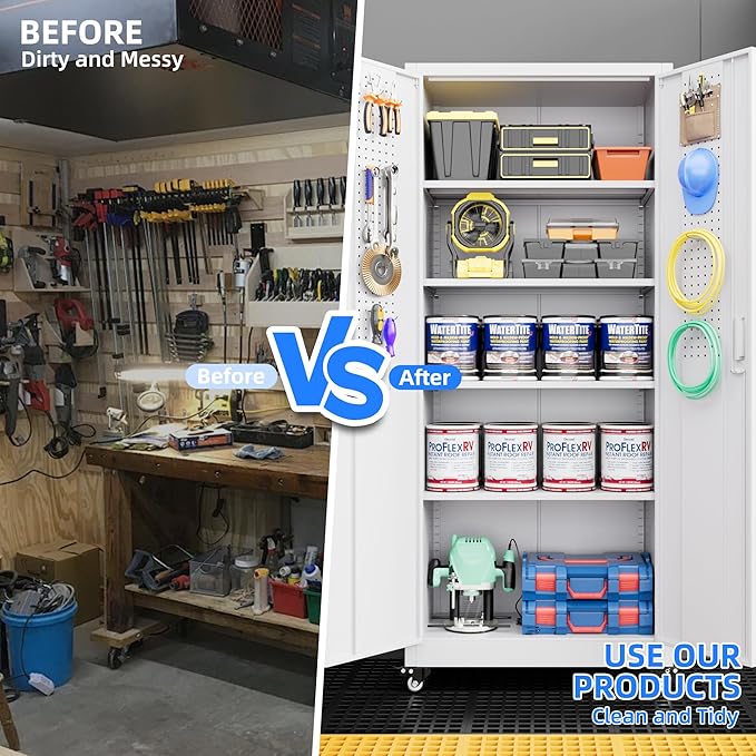 73" H Metal Storage Cabinet with Wheels, Pegboard and 4 Hooks, Garage Storage Cabinet with 4 Adjustable Shelves and 2 Lockable Doors for Garage Home Office, Basement, Assembly Required, White