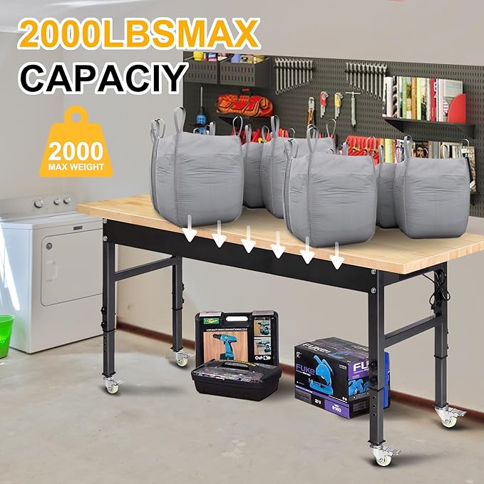60" Adjustable Work Bench, Rubber Wood Top Workbench Heavy-Duty Work Table with Power Outlet with Wheels, 2000 LBS Load Capacity Hardwood Work Benches for Garage, Workshop, Home, Office, Easy Assembly