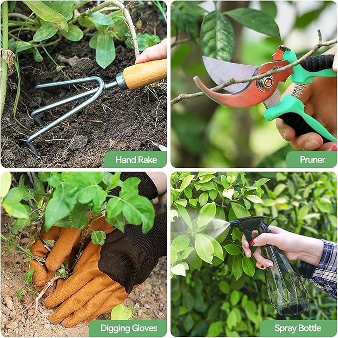 Gardening Tools 9-Piece Heavy Duty Gardening Hand Tools with Fashion and Durable Garden Tools Organizer Handbag,Rust-Proof Garden Tool Set, Ideal Gardening Gifts for Women (Black Red)