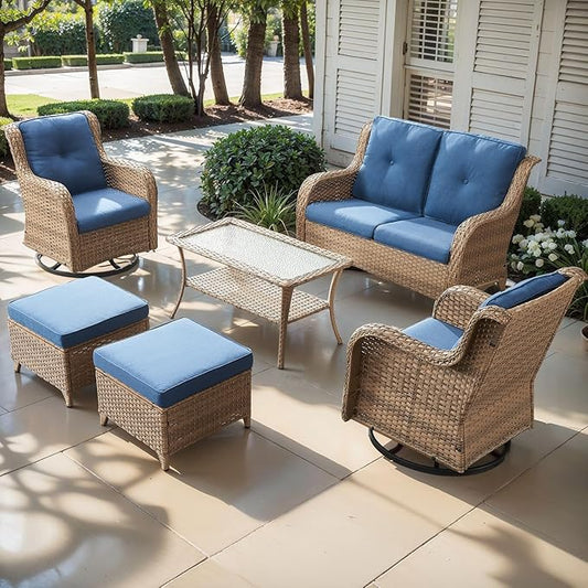 Outdoor Wicker Patio Furniture Set - 6 Piece Rattan Patio Conversation Set with 2 Rocking Swivel Chairs,2 Ottomans,1 Loveseat and 1 Coffee Table for Porch Deck Backyard Garden(Yellow/Blue)