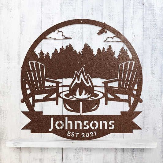 RealSteel Forest Campfire Monogram, Custom Home & Wall Décor, Personalized Sign, Outdoor Campsite, for Backyards, Deer Leases, Campgrounds, and Fire Pit area