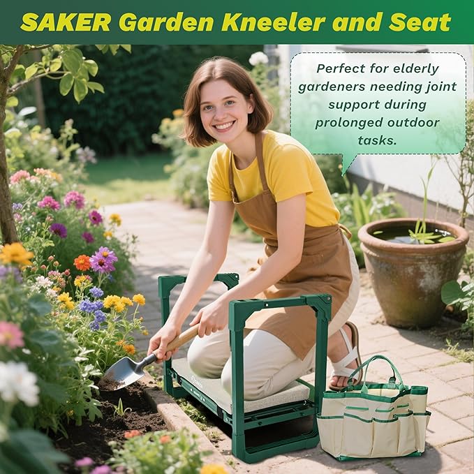 Saker Garden Kneeler and Seat Foldable Gardening Stool with Extendable Legs & Thickened Pad, Tool/Storage Bag, Heavy Duty Support for Elderly, Gardening, Outdoor Use