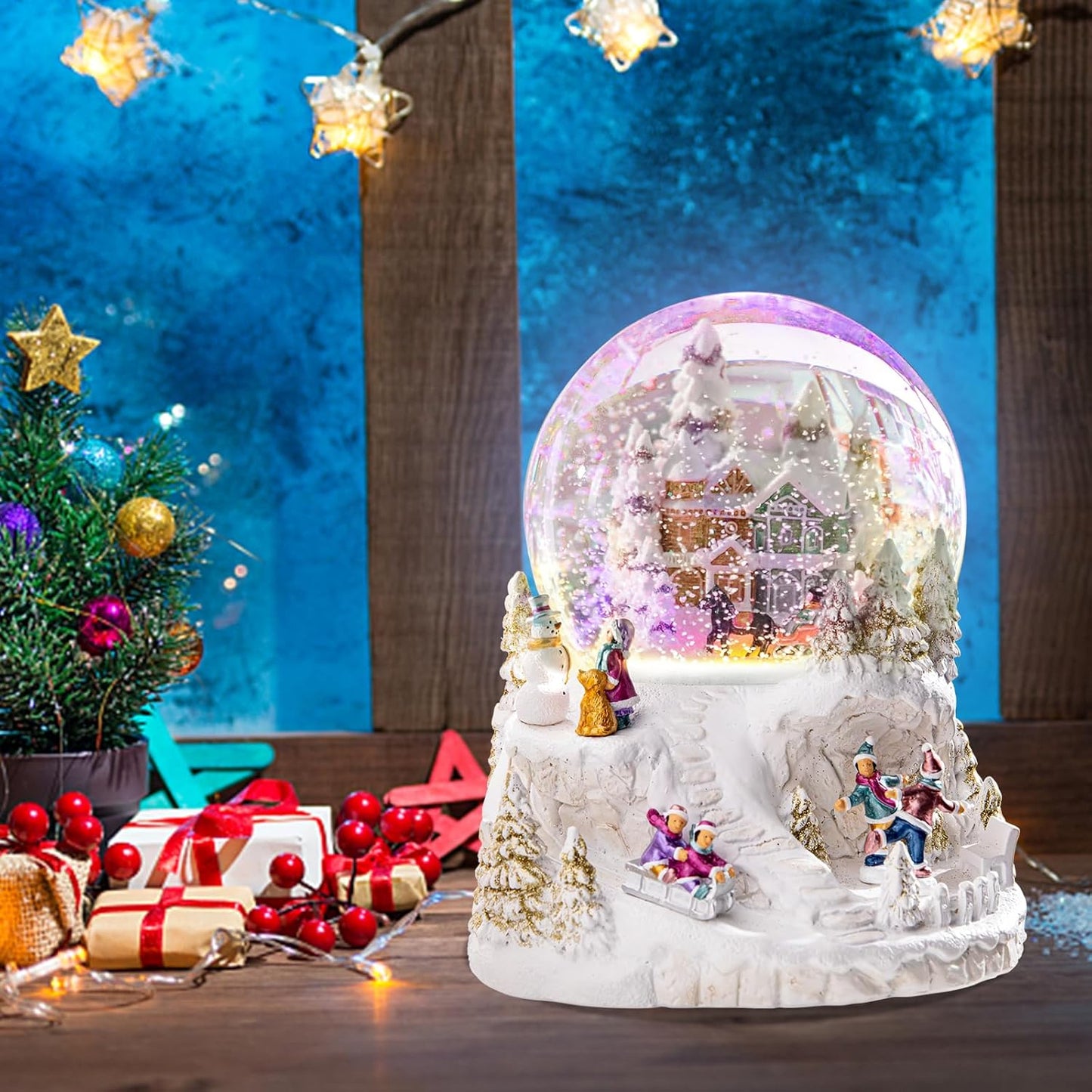 MUMTOP Christmas Snow Globes, Musical Snow Globes, White Christmas Lanterns Snow Globe Snowglobes with House,Dancing Kids,Children Skiing on Sledges and Snowman for Christmas Birthday Gift