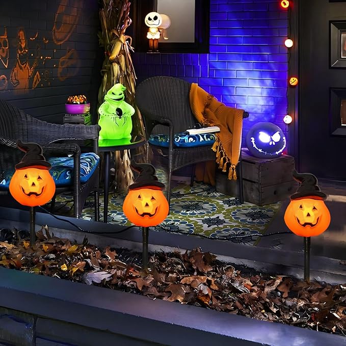 4 Pack Halloween Pumpkin Witch Hat Pathway Lights –7Ft LED Outdoor Halloween Decorations, Waterproof Halloween Garden Stake Lights Perfect for Outdoor Pathway, Yard, Walkway, Lawn and Driveway Decor