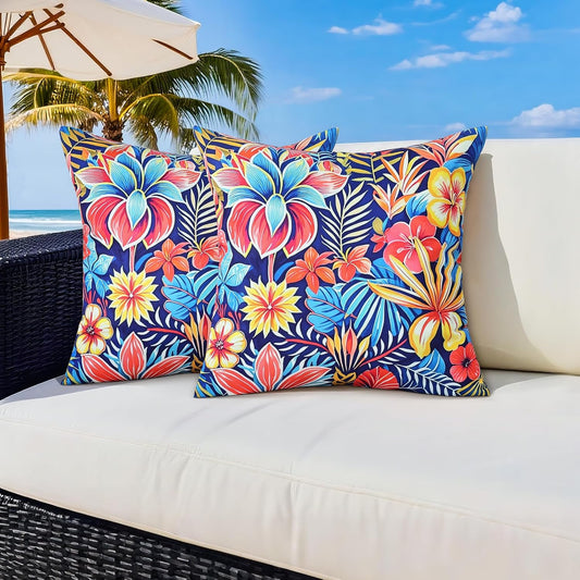 Outdoor Pillow Covers 18x18 Inch Set of 2 Tropical Floral Plants Boho Throw Pillows Cases Waterproof Square Garden Cushion Sham for Patio Funiture Tent Balcony Bench Sofa Couch, Blue