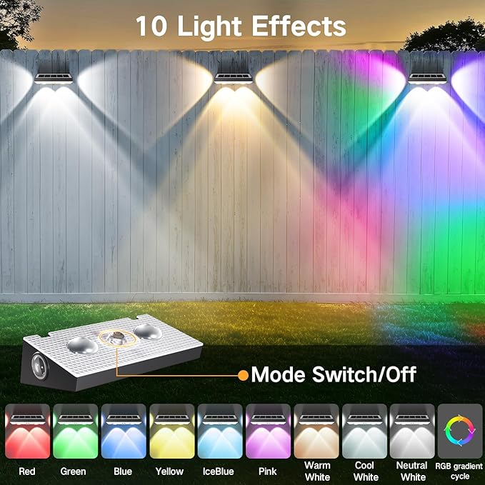 OUTON Solar Fence Lights Outdoor, 3-Side RGBCW Fence Light Solar Powered, 10 Modes Dusk to Dawn Auto ON/Off Deck Lights, IP65 Waterproof Outside Light for Garden Step Patio Backyard Wall, 8-Pack