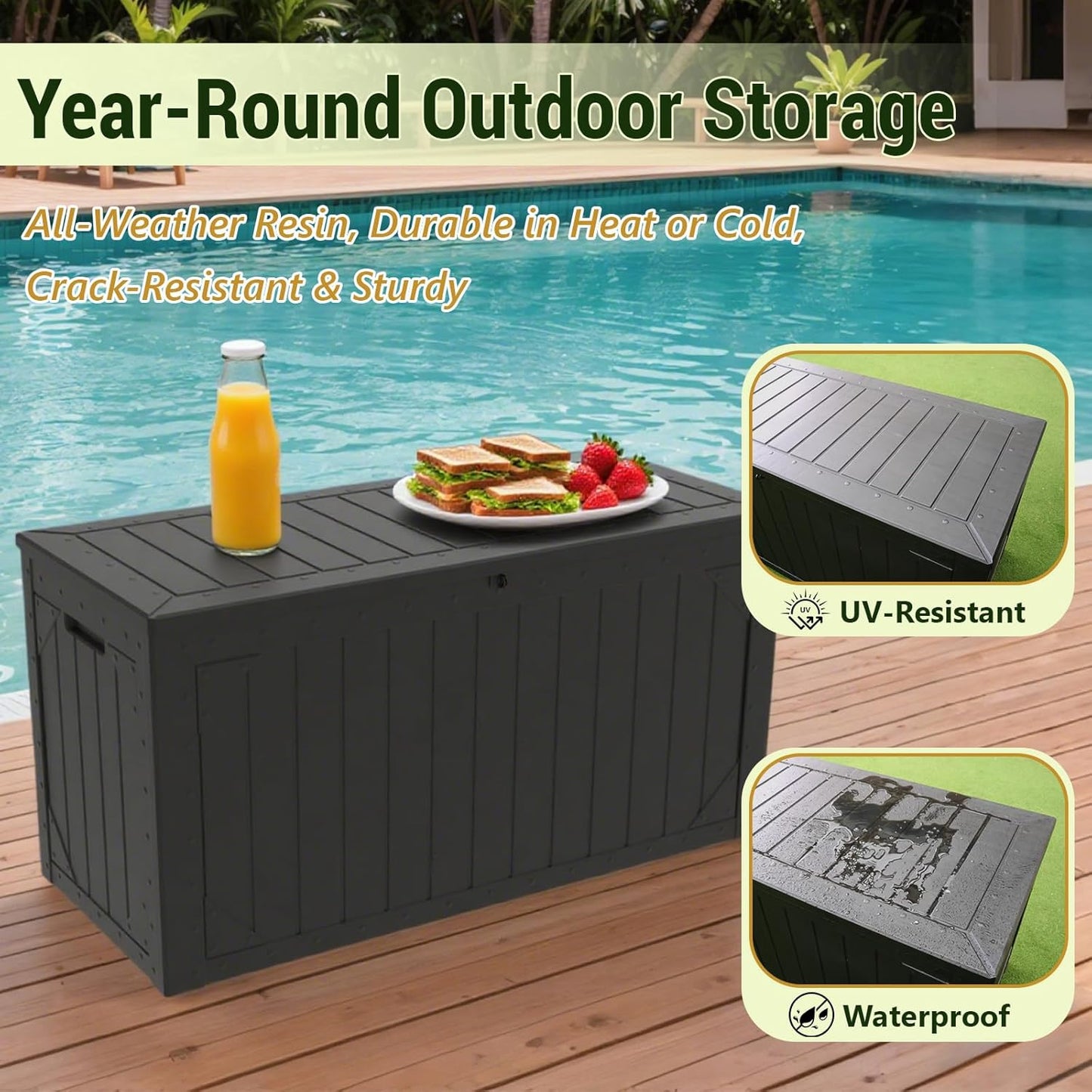 TARKARI 100 Gallon Lockable Resin Deck Box, Waterproof & UV-Resistant Outdoor Storage Box for Outdoor Cushion Storage, Garden Tools & Pool Accessories Storage, Black