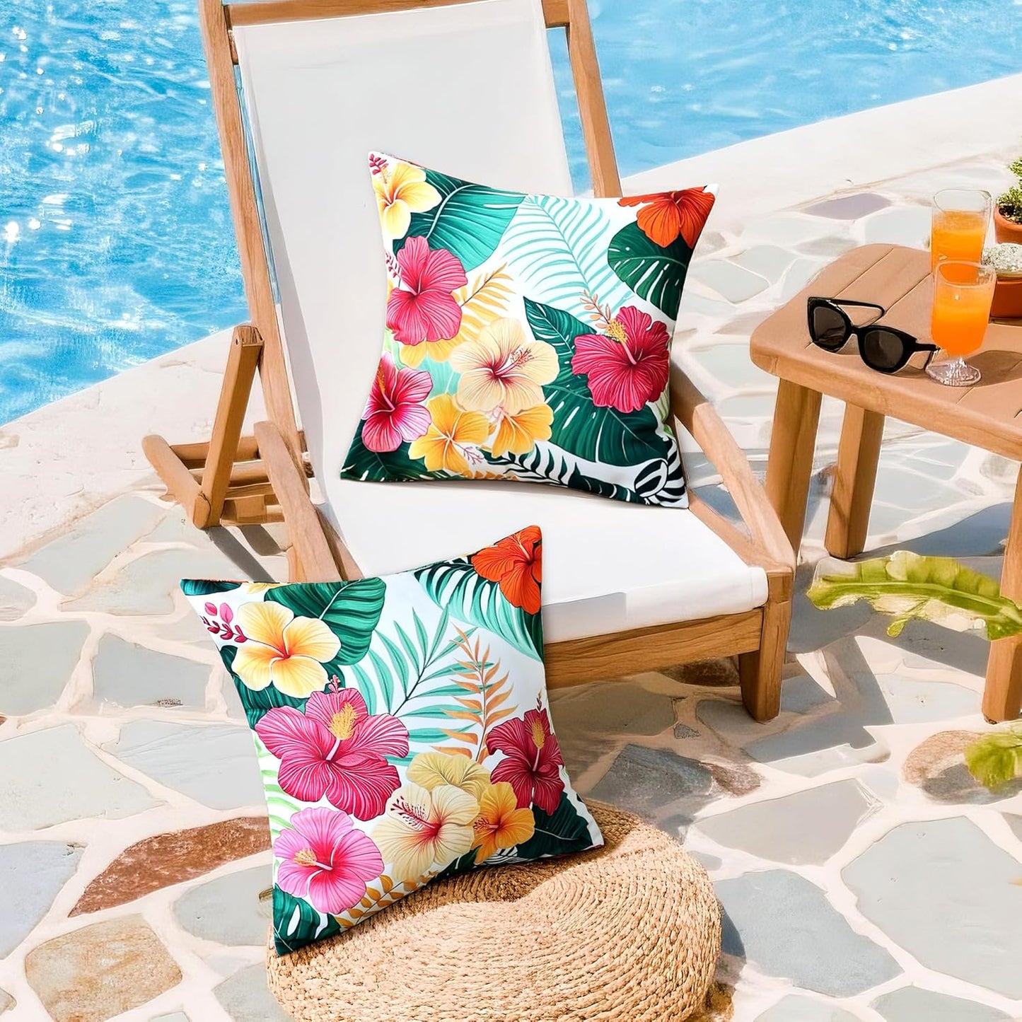 Outdoor Pillow Covers 18x18 Inch Set of 2 Tropical Floral Plants Boho Throw Pillows Cases Waterproof Square Garden Cushion Sham for Patio Funiture Balcony Bench Sofa Couch, Yellow & Red