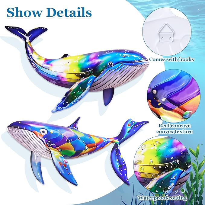 ULENDIS 2 Pack Metal Whales Wall Decor, Bright Color Nautical Metal Fish Wall Art, Wall Hanging Decorations Ocean Theme Outdoor Wall Decor for Patio Garden Yard Pool Fence