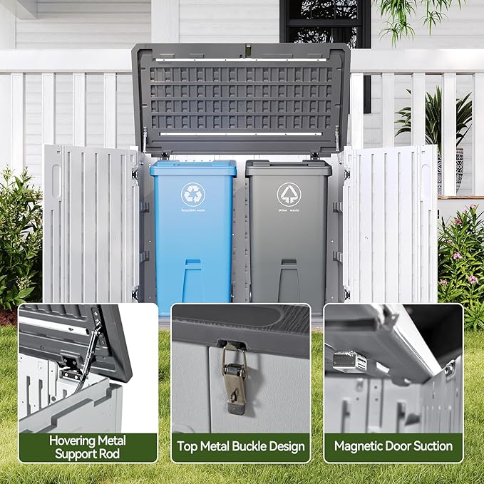 Aoxun White Outdoor Storage Cabinet with 2 Shelves, 35 Cu.Ft Trash Can Storage Shed, Waterproof, Horizontal Storage for Garbage Bin, Generator, Lawn Mower