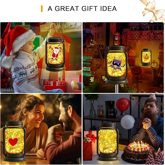 4 Pack Hanging Solar Lantern Lights,Vintage Glass Mason Jar Solar Fairy Lights, Mothers Day Gifts for Woman Mom Grandmom,Outdoor Decorative Waterproof Table Lamp with Stakes for Patio Yard Lawn Tree