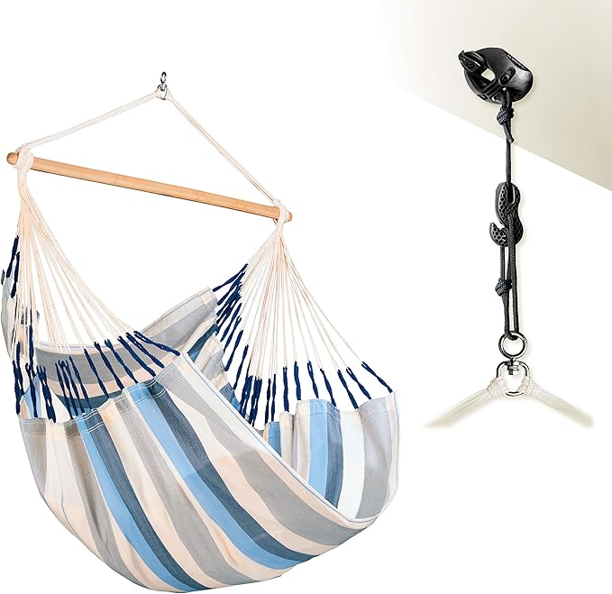 LA SIESTA® - Large Comfort Domingo Hammock Swing Chair & CasaMount - Weather & Tear Resistant Hanging Chair - Outdoor Indoor Hammock Chair w/Suspension Kit for Walls Ceilings Square Beams - Sea Salt