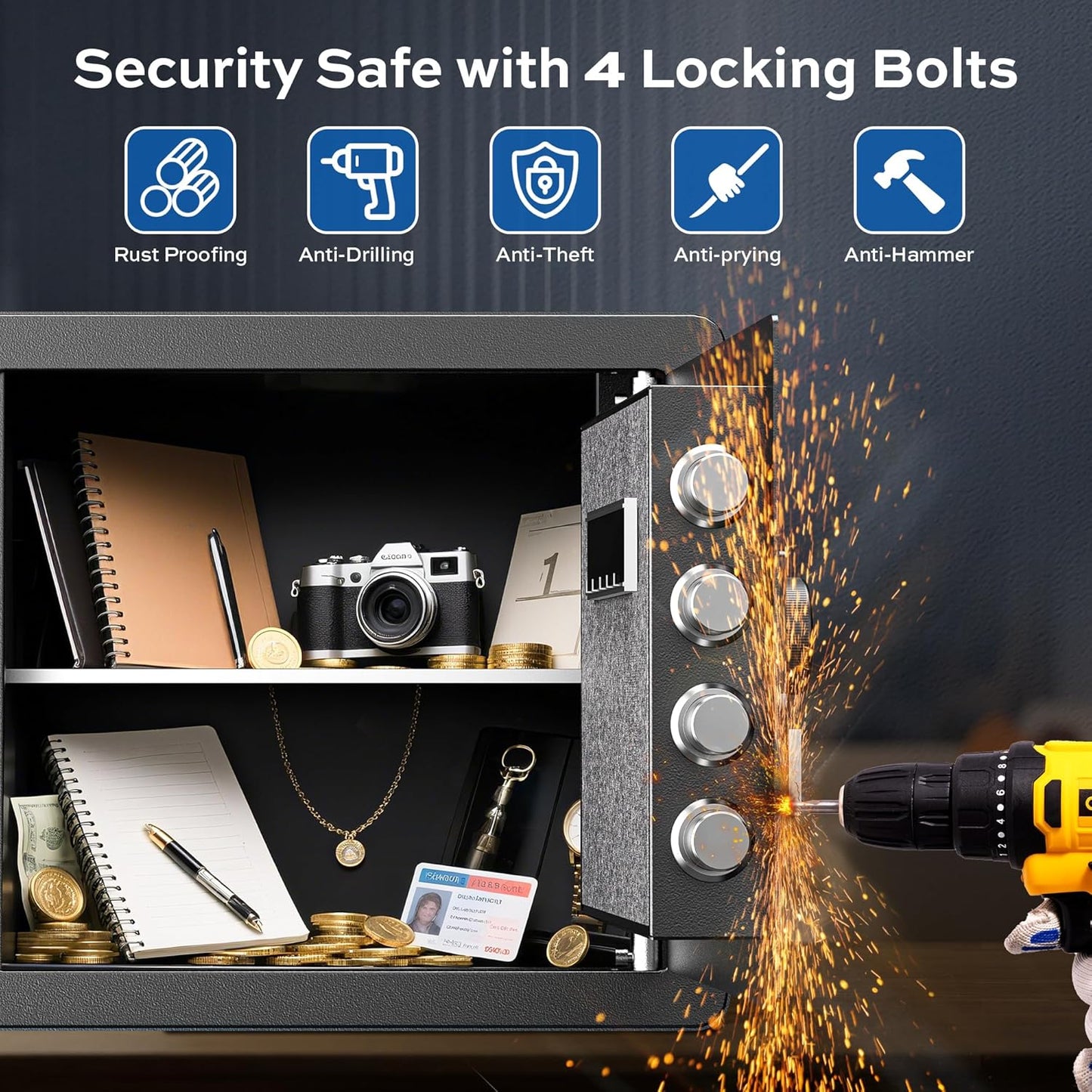 1.4 Cubic Feet Safe Box with Fireproof Waterproof Bag, Anti-theft Home Safe for Money Cash Documents Valuables, Digital Security Box with Alarm System, Electronic Keypad, Removable Shelf