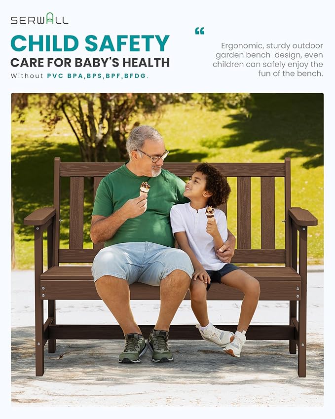 SERWALL Outdoor Bench, HDPE Outdoor Benches Weatherproof, 2-Person Garden Bench with 660 lbs Weight Capacity, Patio Benches for Outdoors, Garden, Porch, Backyard and Park, Brown, 6 Pack