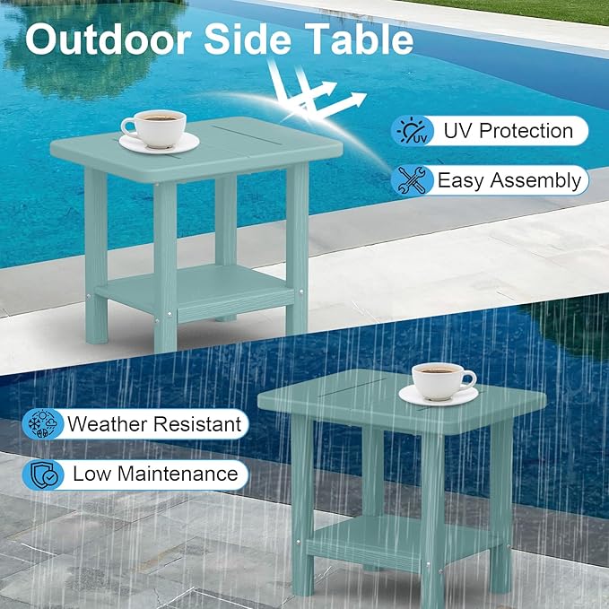 Outdoor Side Table - 2-Tier Storage All Weather Outdoor End Table for Patio - HDPE Morden Easy Maintenance Adirondack Side Table for Pool Porch Balcony Garden Lawn Backyard Outside Indoor