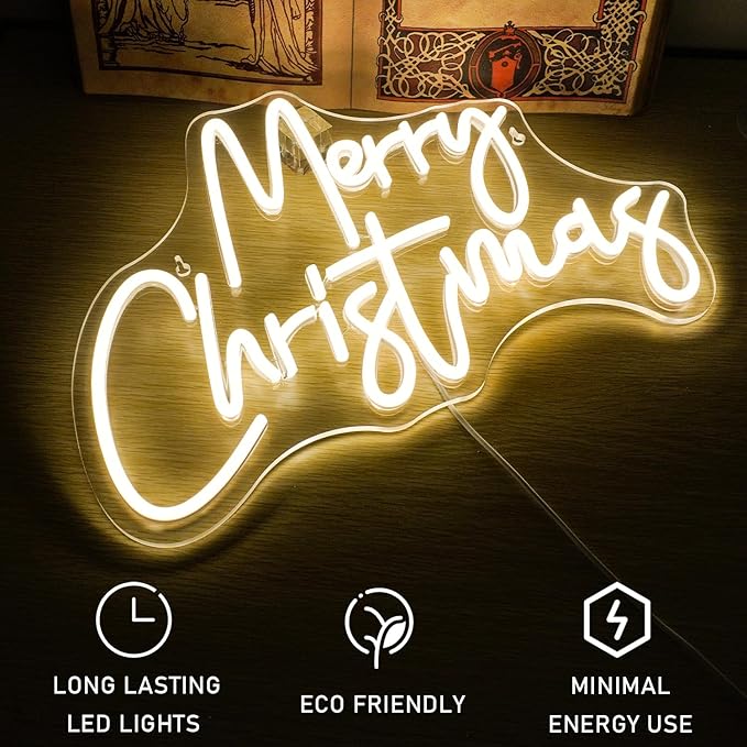WLHOPE Merry Christmas Neon Sign,Warm White Christmas Neon Signs for Wall Decor,Dimmable Merry Christmas Led Signs for Christmas Party Backdrop Bedroom Window Bar Club Shop,Christmas Gift Decoration