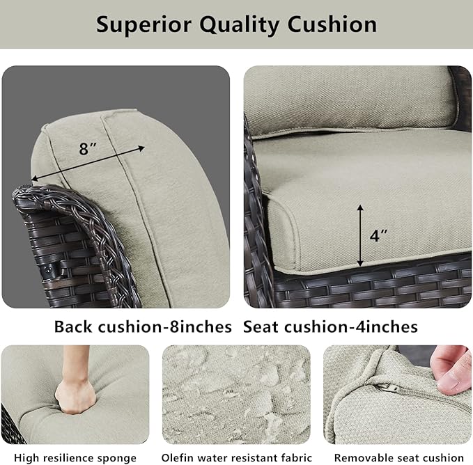 Wicker Outdoor Furniture Patio Furniture Set - 6 Piece Patio Conversation Set with Swivel Rocker Chairs, Loveseat Sofa, Ottomans and Coffee Table, Beige Cushion