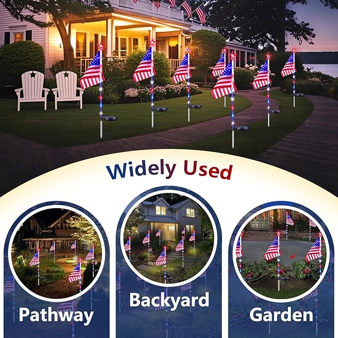 6 Pack 4th of July Decorations Outdoor Solar Lights, Red White and Blue Star Lights for National Day with American Flag, 2 Modes Waterproof Patriotic Light for Independence Memory Day Garden Yard Path