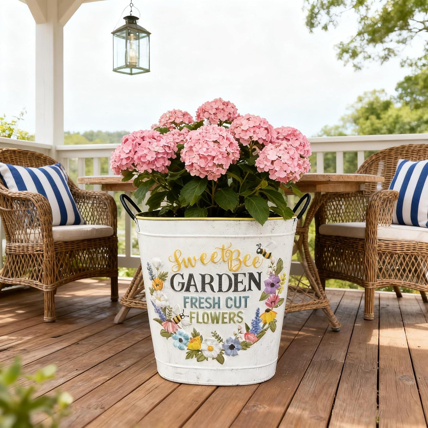 Set of 2 Sweet Bee Garden Metal Planter Buckets, Rustic Farmhouse Flower Pots with Handles, Decorative Indoor Outdoor Gardening Containers for Succulents, Herbs, Home & Porch Decor