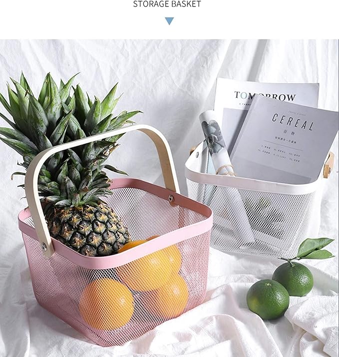 Metal Mesh Steel Basket, Storage Organizer Basket Multi-functional Hanging Kitchen Baskets Fruit Basket Bin with Bamboo Handle for Kitchen Bathroom Picnic Shopping Decor Cabinet Home, Pink
