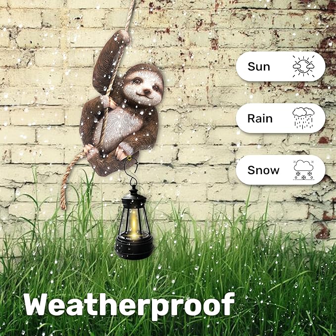 6x4 Inch Adorable Sloth Hanging Statue, Indoor/Outdoor Decorative Sculpture, Solar Lights Outdoor Waterproof, Garden Decorations Outdoor, Relaxed Sloth Ornament for Home, Patio, or Yard