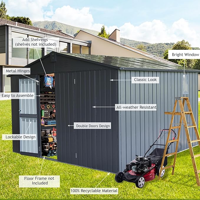 Domi Backyard Storage Shed 11’ x 12.5’ with Galvanized Steel Frame & Windows, Outdoor Garden Shed Metal Utility Tool Storage Room with Lockable Door for Patio(Dark Gray)