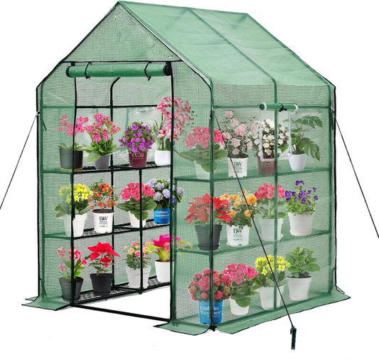 Walk-in Greenhouse for Outdoors, Thickened PE Cover & Heavy Duty Powder-Coated Steel, Mesh Door & Screen Windows, 14 Sturdy Shelves 4.7x4.7x6.4 FT, (GHW002G)