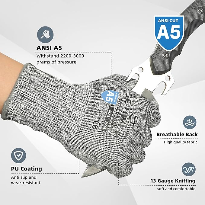 240 Pairs ANSI A5 Cut Resistant Work Gloves, Cut Proof Gloves with PU Coating, Used for Metal Fabrication, WoodWorking, Construction, Non Slip, Durable, S, CR3088
