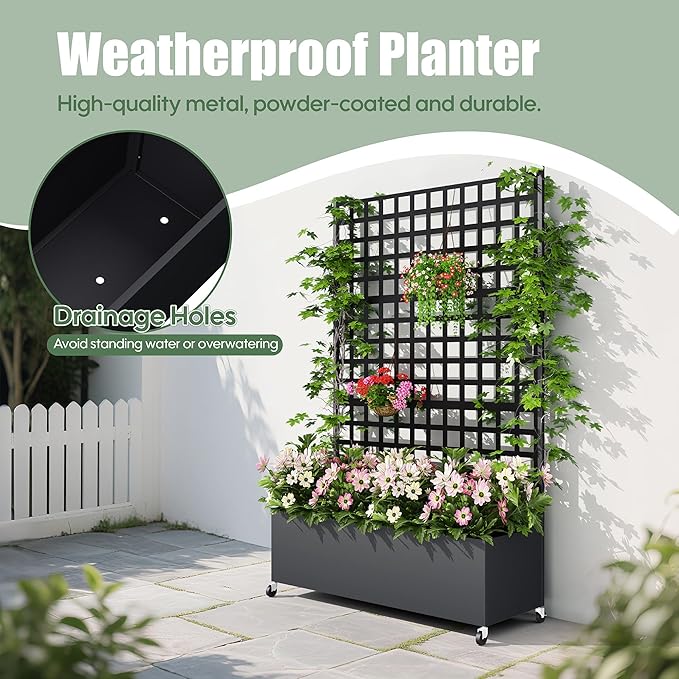 Metal Planter Box with Trellis Privacy Screen, Raised Garden Bed with Lattice Trellis & Wheels, Privacy Planters for Patio, Planter Box for Climbing Plants, Flower, 73"x 47"x 16", Black