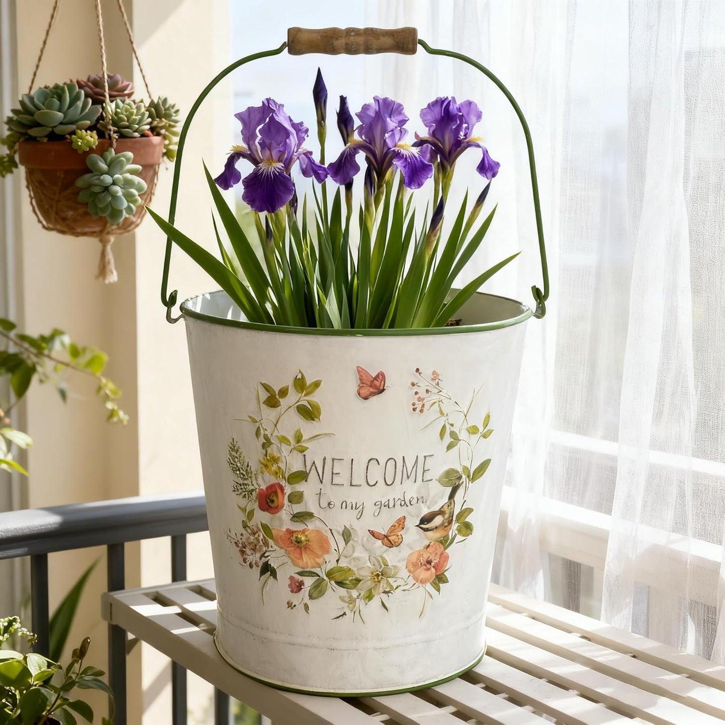 Vintage Welcome to My Garden Metal Planter Bucket with Wooden Handle, Rustic Farmhouse Flower Pot, Decorative Indoor Outdoor Gardening Container for Succulents, Herbs, Home Decor
