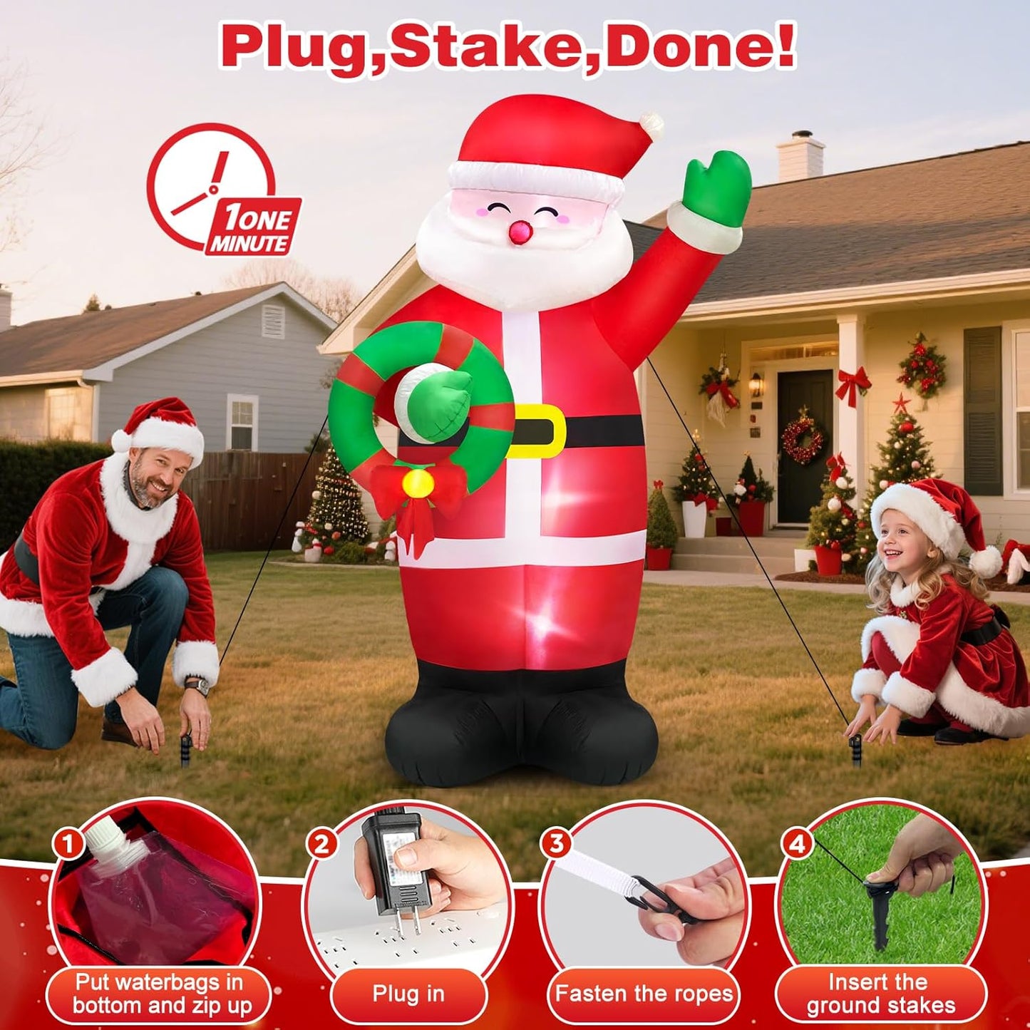 MICOCAH 8 FT Huge Christmas Inflatables Santa Claus Holding Garland Outdoor Decorations, Build in LEDs & Tethers Stakes Giant Inflatable Santa Blow Up Yard Décor for Holiday Xmas Indoor Patio Lawn