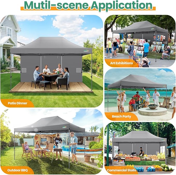 COBIZI 10x15 Heavy Duty Pop up Canopy Tent with 4 sidewalls Commercial Outdoor Canopy Wedding Party Tents for Wedding All Season Wind & Waterproof Gazebo with Carry Bag, Gray(Frame Thickened)