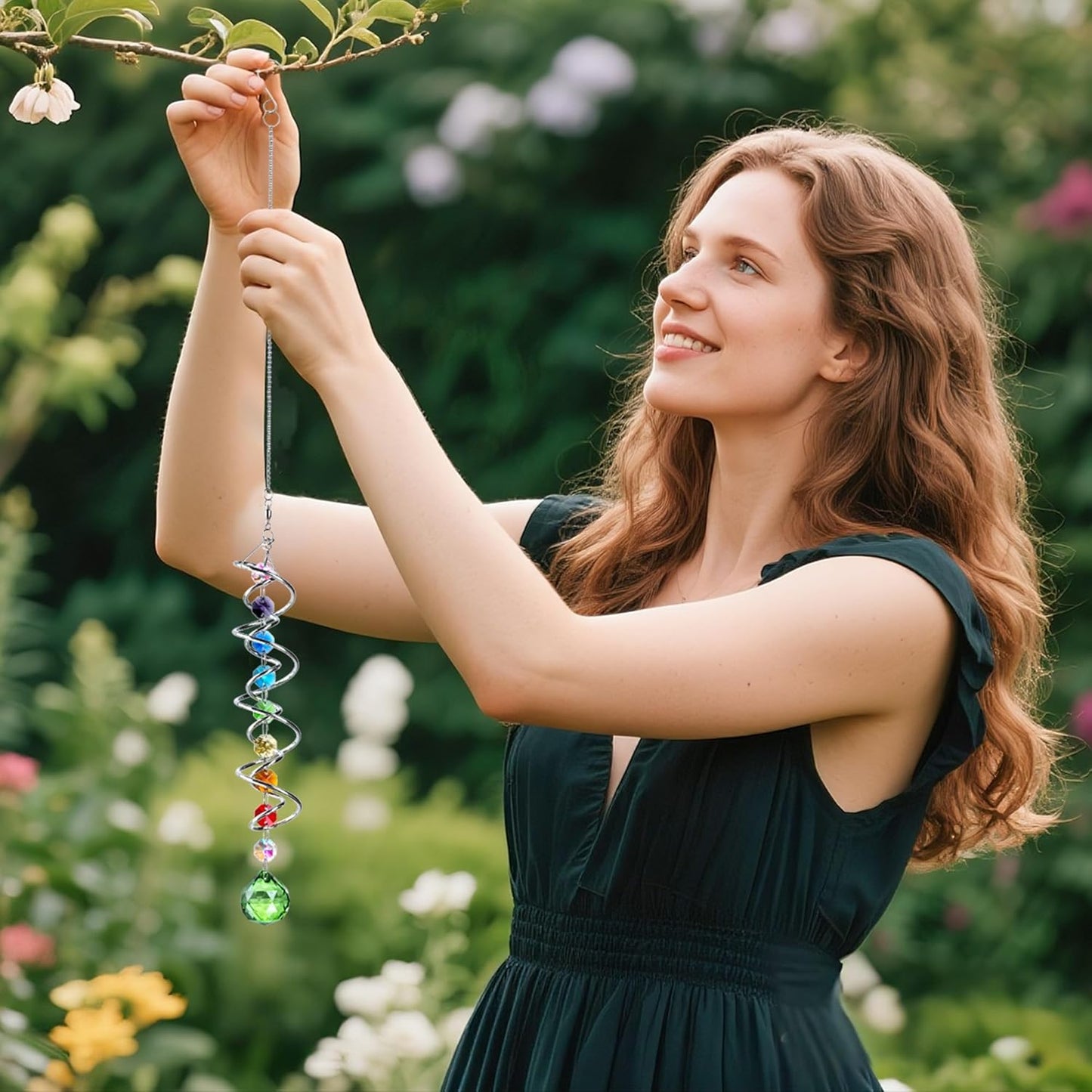 H&D HYALINE & DORA 7 Pack Crystal Suncatchers for Windows Hanging Gazing Ball Spiral Tail Wind Spinners Stainless Steel Hanging with Swivel Hook for Yard and Garden Indoor Home Decor