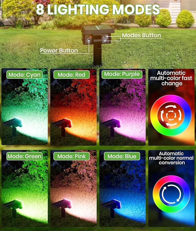 Solar Spot Lights Outdoor, 58 LED 8 Color Modes Solar Lights Outdoor, Multicolor RGB Flood Light Waterproof IP67, 2-in-1 Wall Light for Tree Garden Pathway (Multicolor, 2 Pack)
