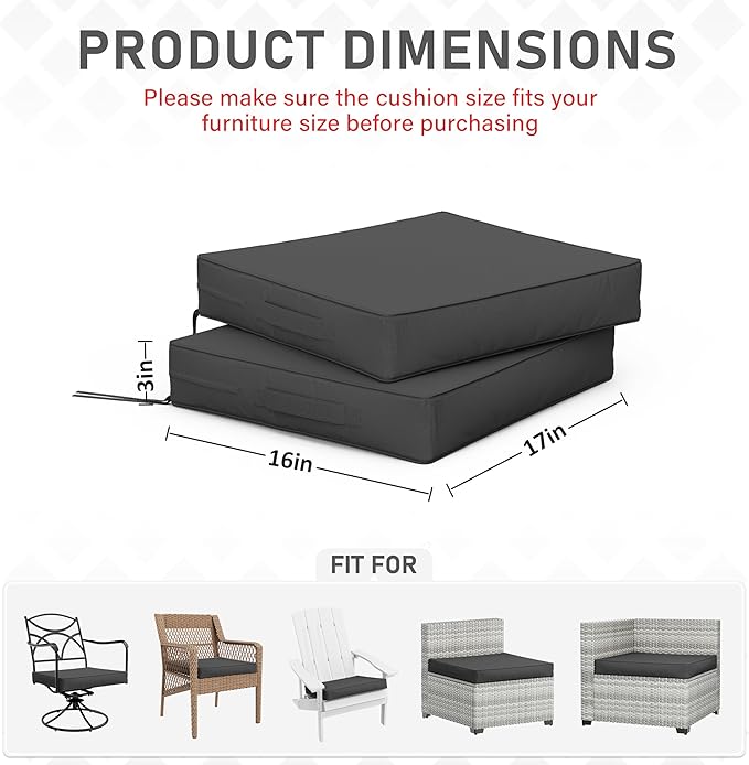 Patio Chair Cushions 17 X 16 X 3 Inch Waterproof Outdoor Seat Cushions for Patio Furniture, Outdoor Sofa Couch Pads with Ties & Handle, Set of 2, Grey